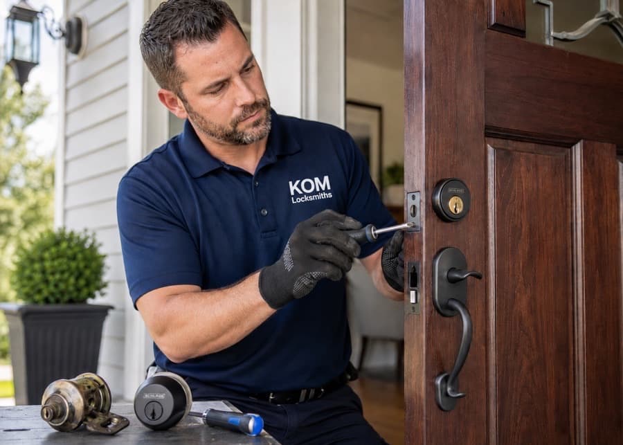 Locksmith fitting a deadbolt to a front door